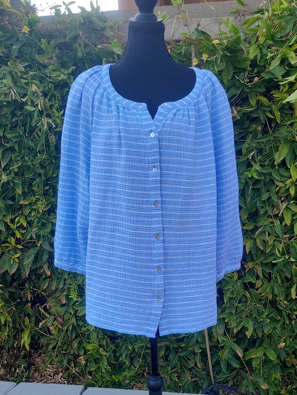 J. Jill Light Blue Striped 100% Cotton Button-Front Crinkled Gauze Blouse 4X